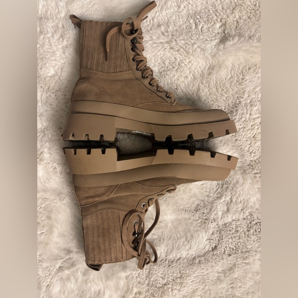 Zara Faux Suede Tan Combat Moto Boots w/Chunky Lug Soles Size: EU 39 US 8 - Picture 4 of 6